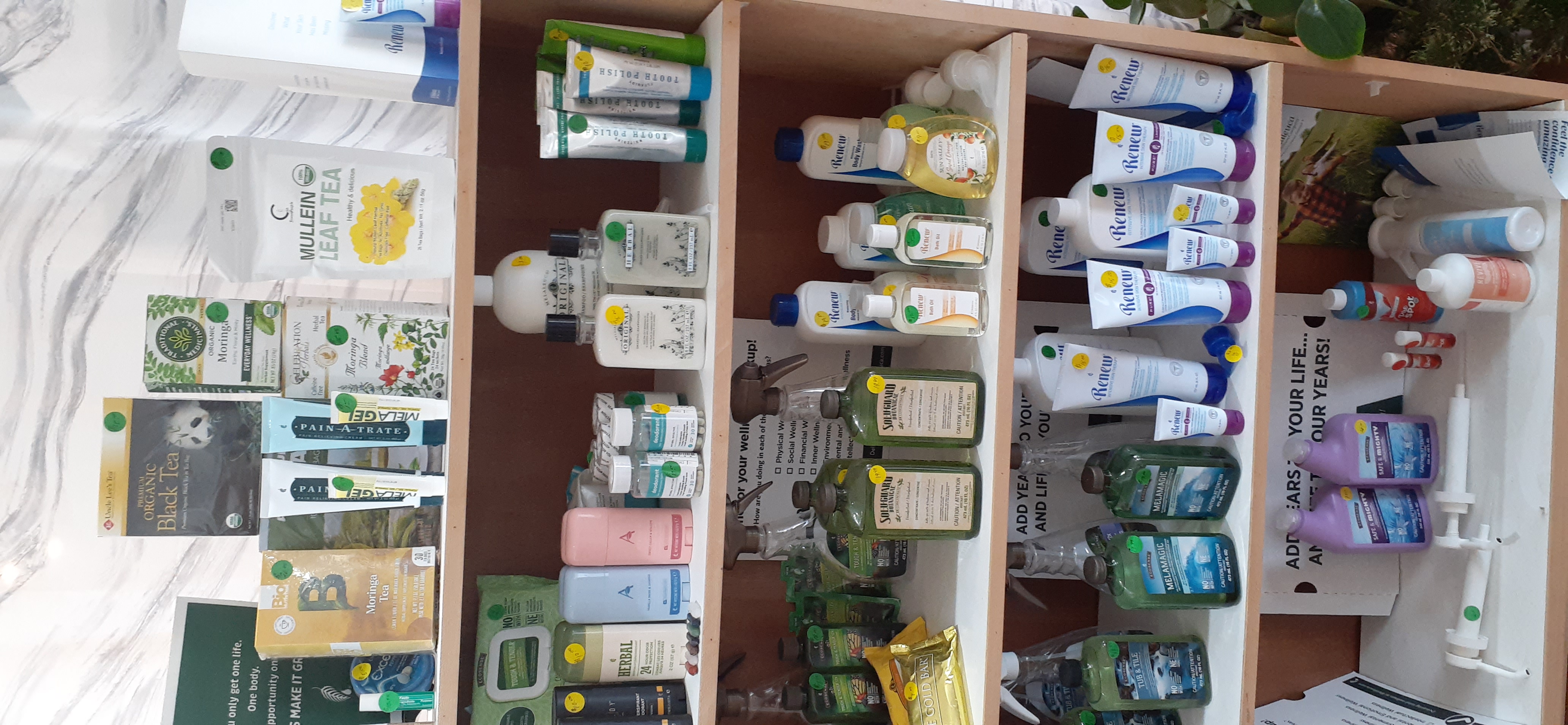 Melaleuca cleaning and personal care products on display at Shar's Spa