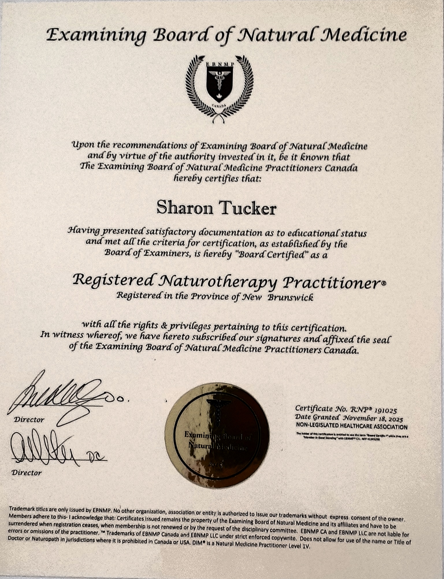 Sharon Tucker — Registered Naturotherapy Practitioner, Examining Board of Natural Medicine Practitioners Canada